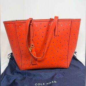 Cole Haan Coral Laser Cut Leather Tote Bag Tassel Charm Large Work Tote